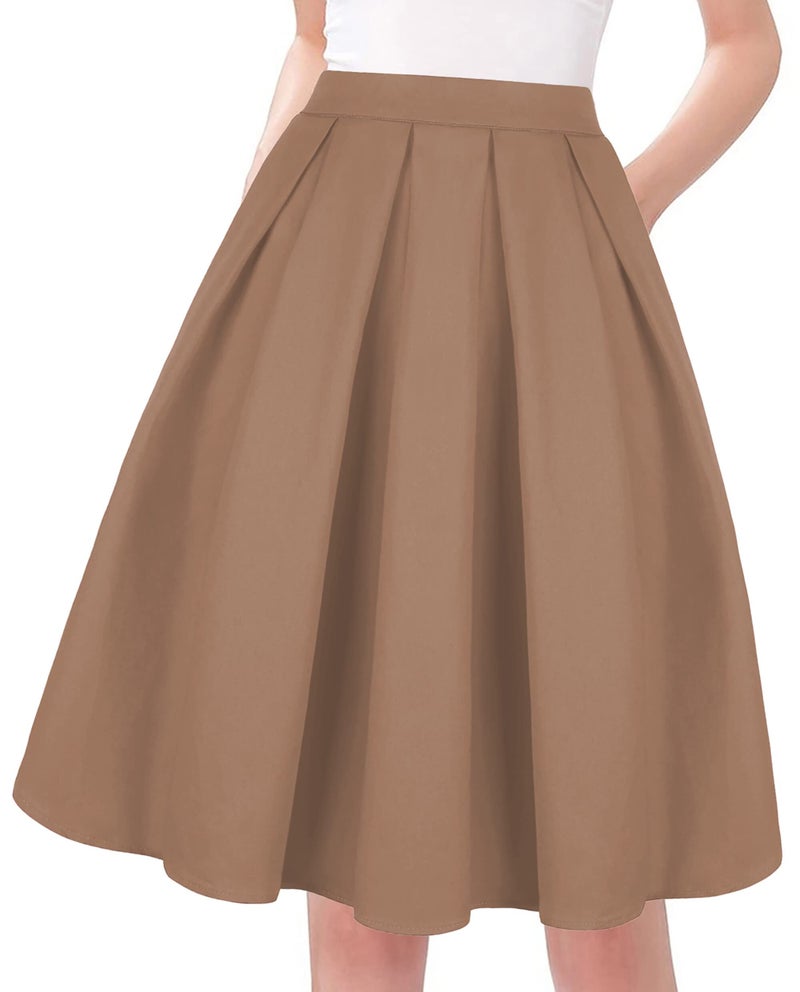 Tandisk A-Line Pleated Vintage Skirts with Pockets for Women Khaki S - Image 1